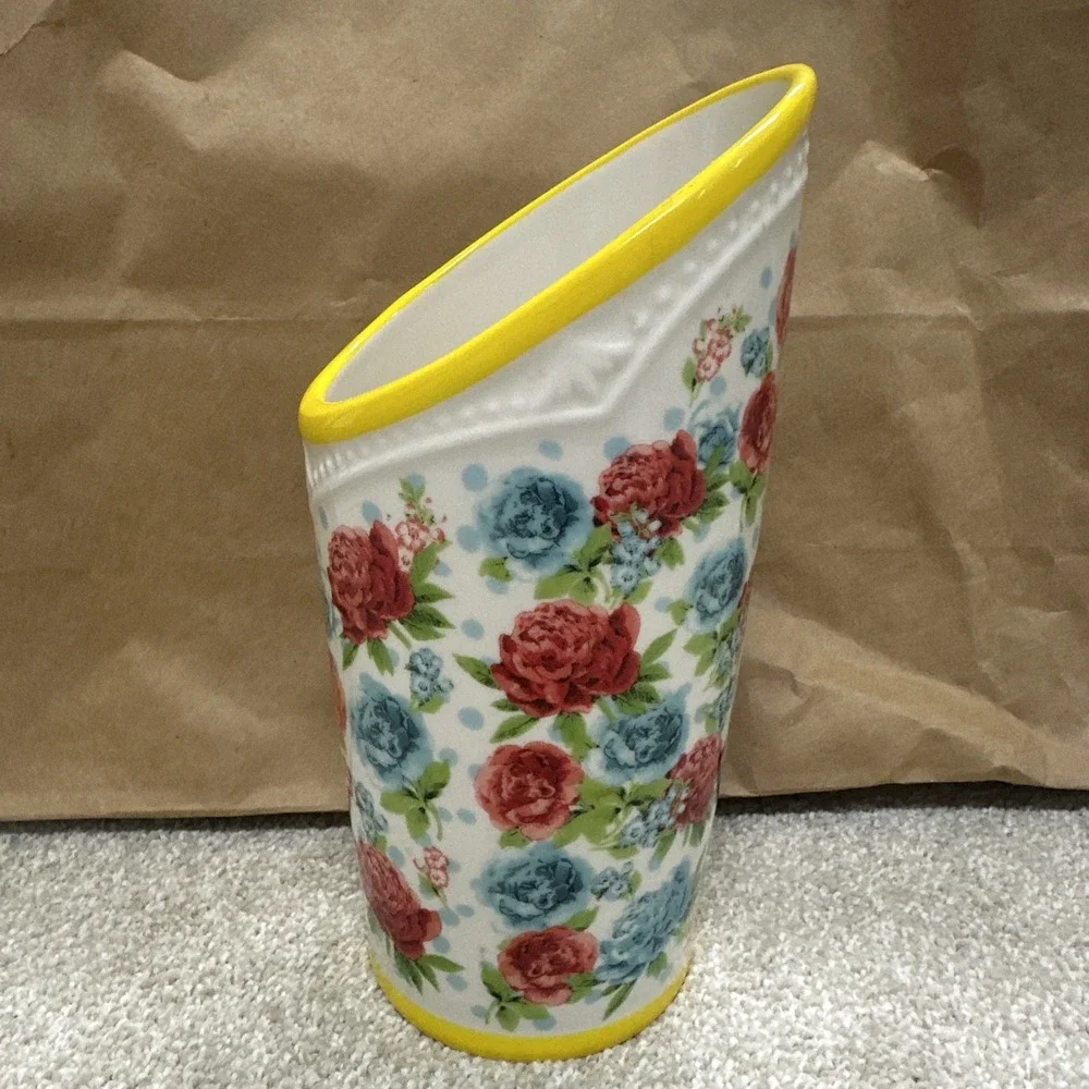 The Pioneer Woman Floral Utensil Holder Vase Stoneware Yellow, Red/Blue 8 Inch.